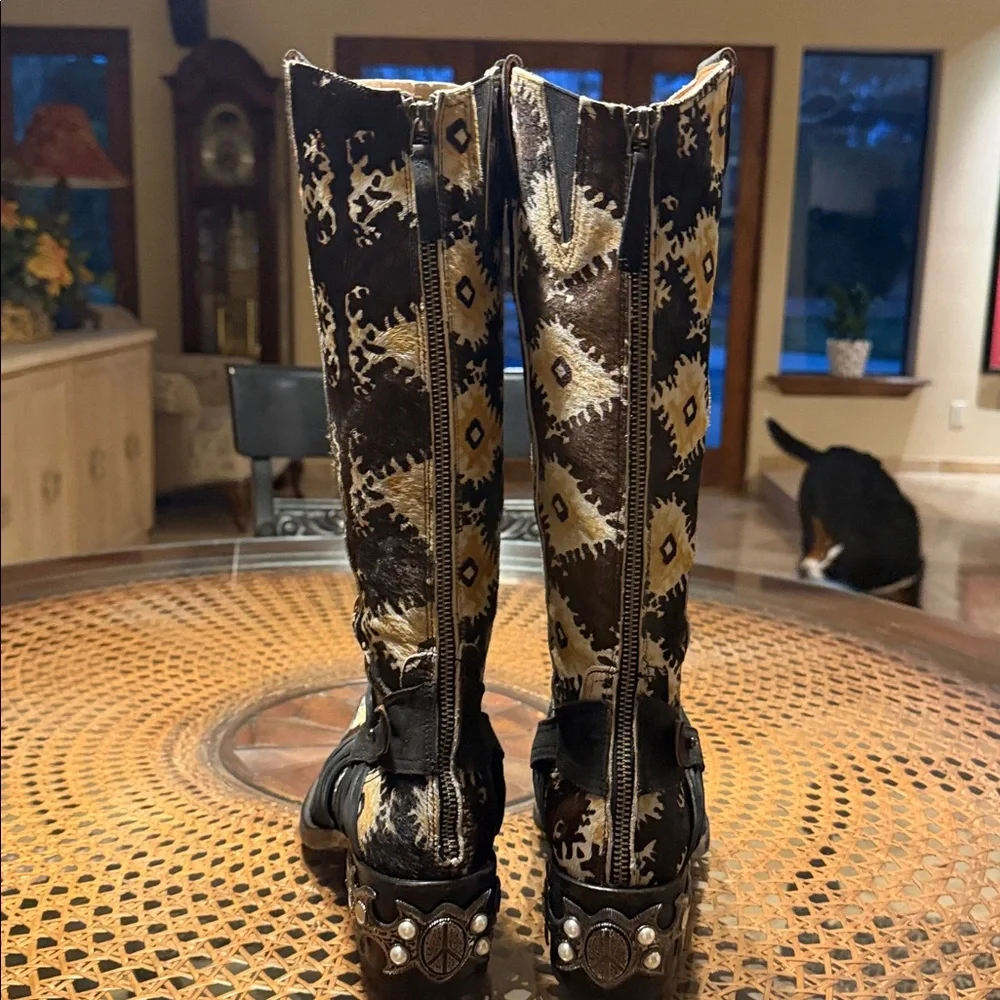 Donald J. Pliner Calf Hair Western Harness Boots Ikat Print Studded Heel - Picture 3 of 16